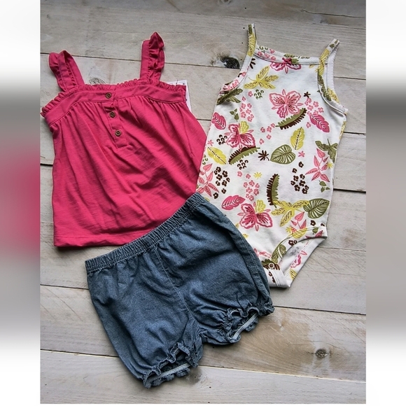 Carter's 3pc Floral Print Tank Bodysuit With Tank And Shorts Pink White 18 Month - Picture 1 of 5